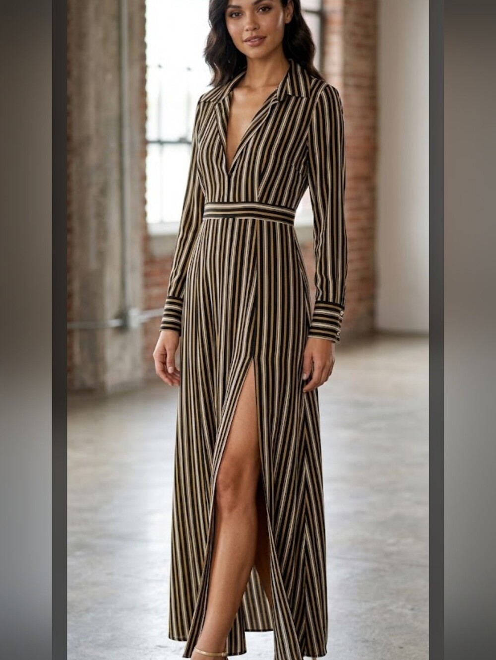 Line & Dot Abby Maxi Dress Sz Sm Black & Gold Stripe Long Sleeves Side Slit Goth